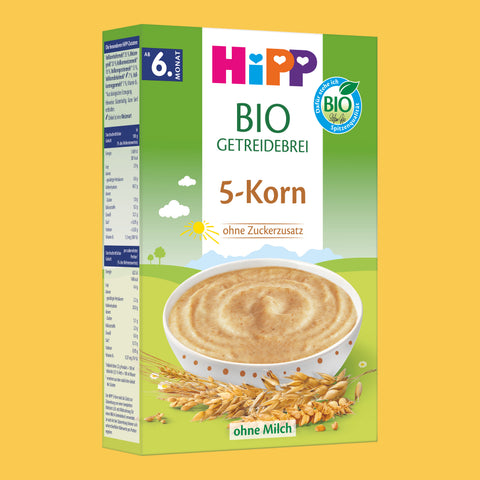 HiPP organic 5-grain cereal porridge box, milk-free, from 6 months, no added sugar
