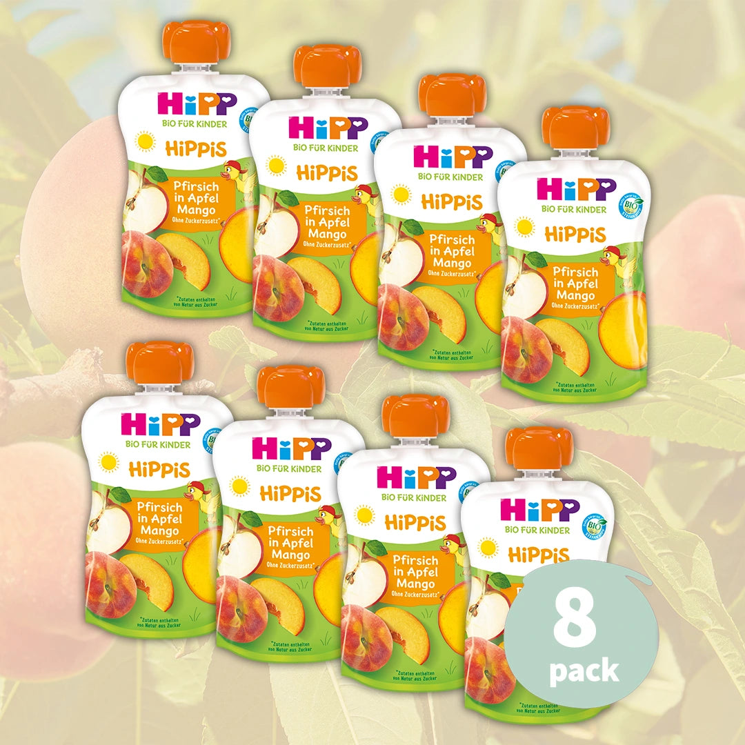 8x HiPP Peach in Apple & Mango – Organic Fruit Pouches 12+ months (100g)