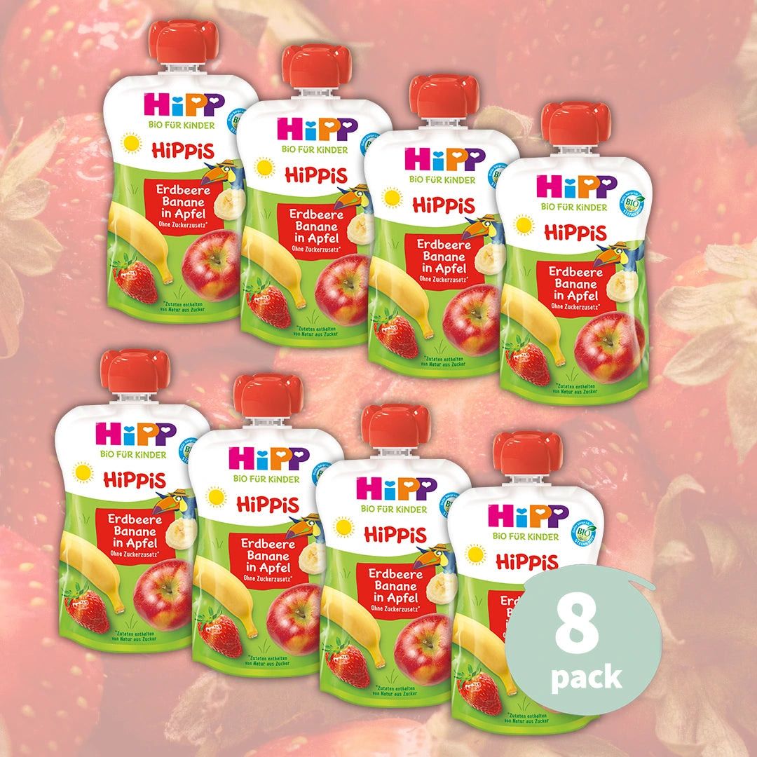 8x HiPP Strawberry Banana in Apple – Organic Fruit Pouches 12+ months (100g)