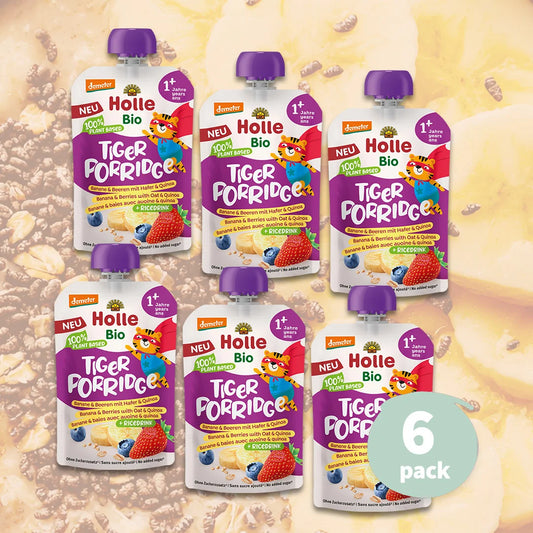6x Holle Tiger Porridge  - Organic Fruit Pouches 12+ months (110g)
