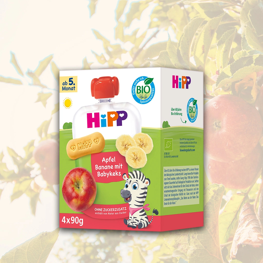 4x HiPP Apple Banana with Baby Biscuit - Organic Fruit Pouches 5+ months (90g)