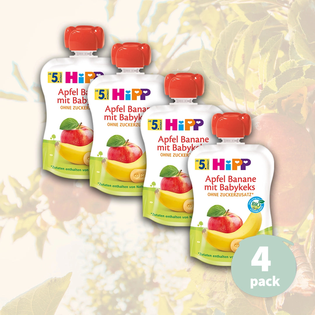4x HiPP Apple Banana with Baby Biscuit - Organic Fruit Pouches 5+ months (90g)