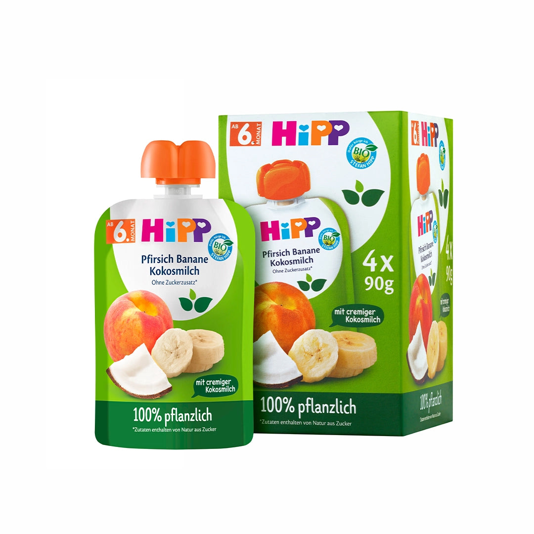 4x HiPP Peach Banana with Coconut Milk - Organic Fruit Pouches 6+ months (90g)