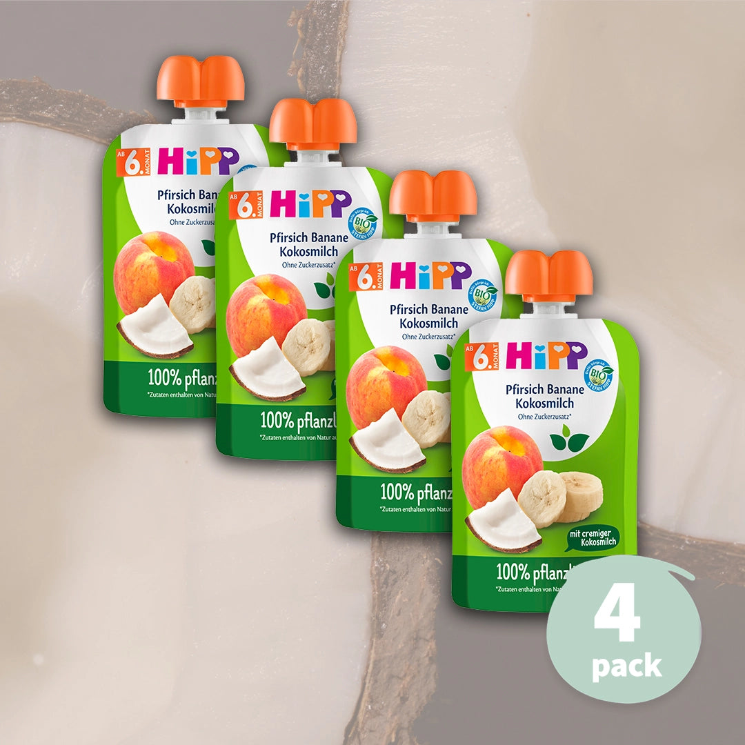 4x HiPP Peach Banana with Coconut Milk - Organic Fruit Pouches 6+ months (90g)