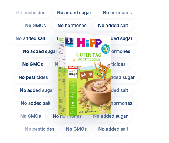 HiPP HA Combiotik Stage 2 with the ingredients it leaves out: no corn syrup, no soy, no GMOs, no pesticides, no maltodextrin, no antibiotics, no hormones