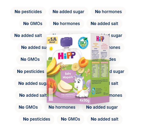 HiPP HA Combiotik Stage 2 with the ingredients it leaves out: no corn syrup, no soy, no GMOs, no pesticides, no maltodextrin, no antibiotics, no hormones