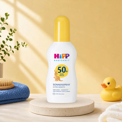 HiPP Babysanft SPF 50+ sun spray bottle, 150 ml, ultra sensitive, on a stone stand