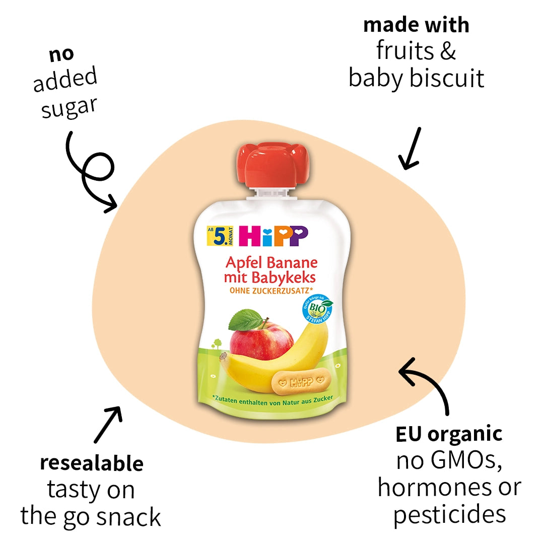 4x HiPP Apple Banana with Baby Biscuit - Organic Fruit Pouches 5+ months (90g)