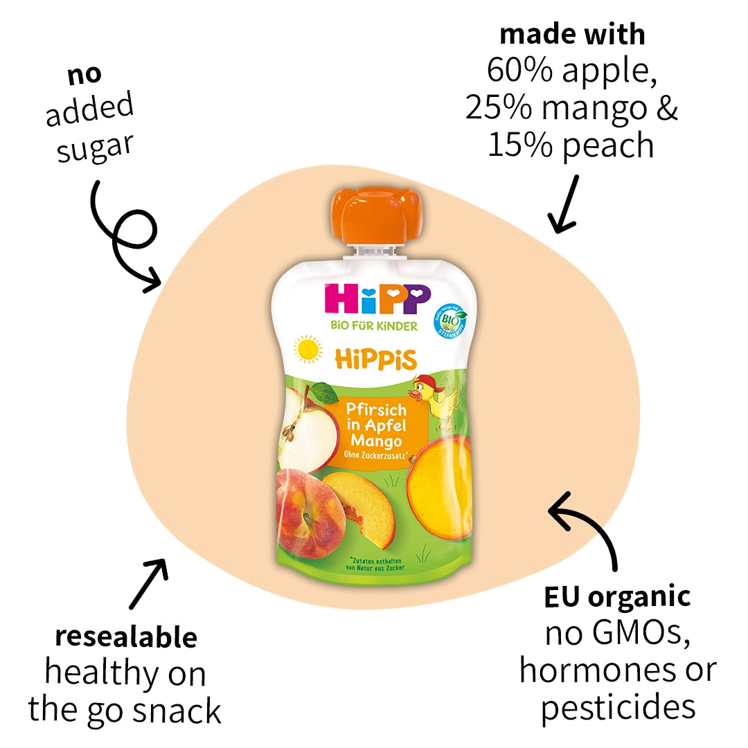 8x HiPP Peach in Apple & Mango – Organic Fruit Pouches 12+ months (100g)