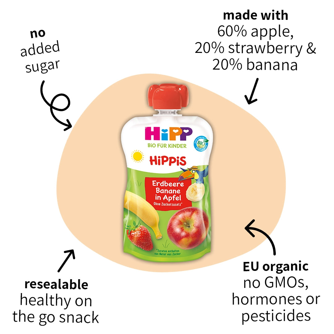 8x HiPP Strawberry Banana in Apple – Organic Fruit Pouches 12+ months (100g)