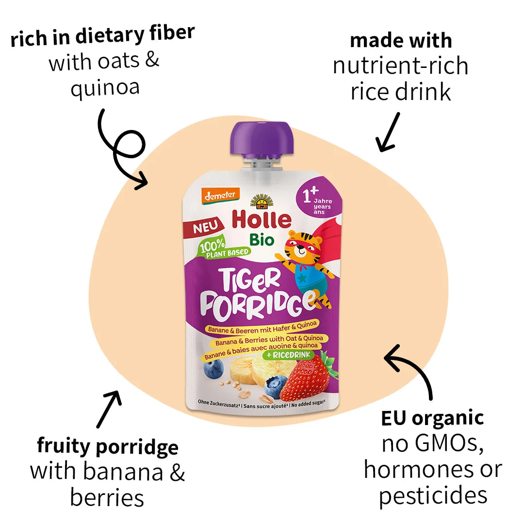 6x Holle Tiger Porridge  - Organic Fruit Pouches 12+ months (110g)