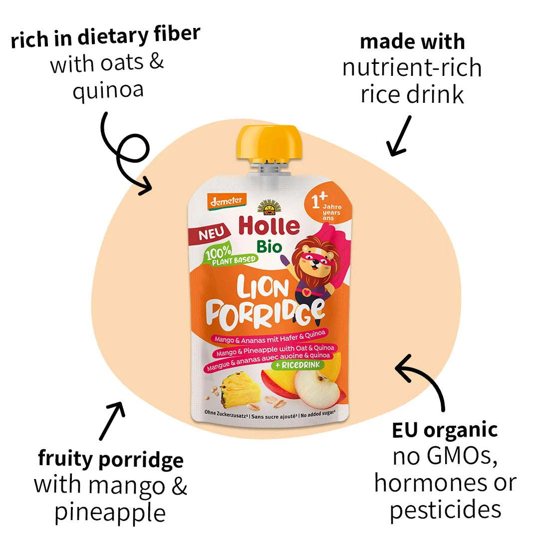 6x Holle Lion Porridge  - Organic Fruit Pouches 12+ months (110g)