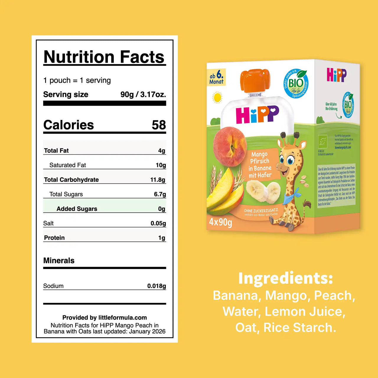 4x HiPP Mango Peach in Banana with Oats - Organic Fruit Pouches 6+ months (90g)