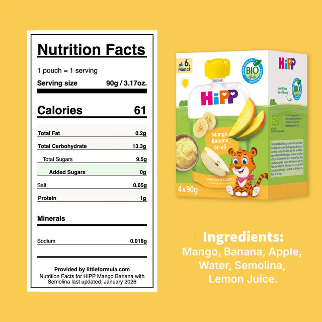 4x HiPP Mango Banana with Semolina - Organic Fruit Pouches 6+ months (90g)