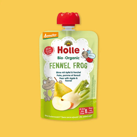 Holle Fennel Frog pouch, 100 g, Demeter organic pear with apple and fennel, from 6 months
