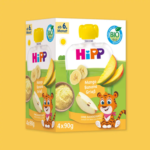 HiPP Mango Banana with Semolina pouches, 4 × 90 g box, organic, from 6 months