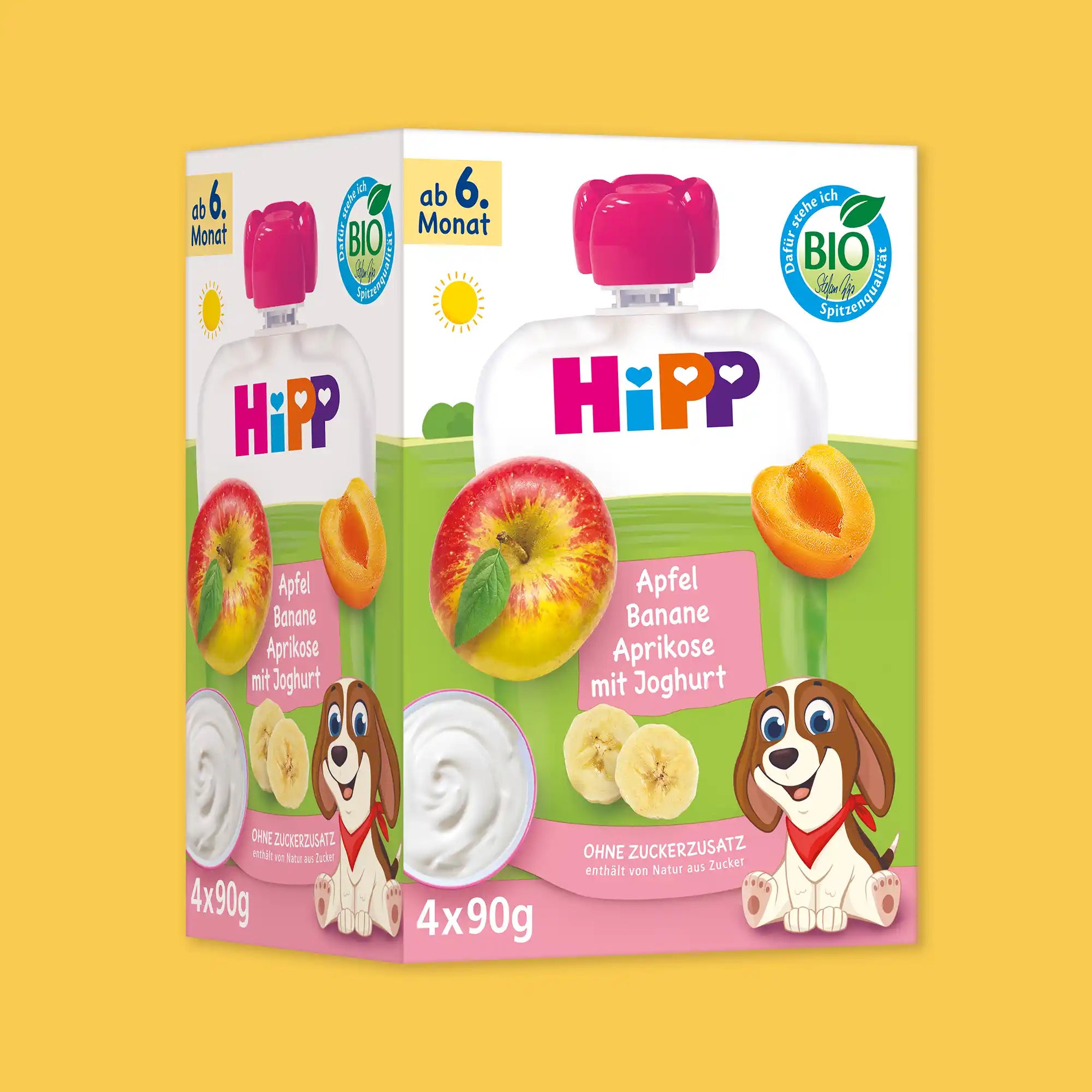 4x HiPP Apple Banana Apricot with Yogurt - Organic Fruit Pouches 6+ months (90g)
