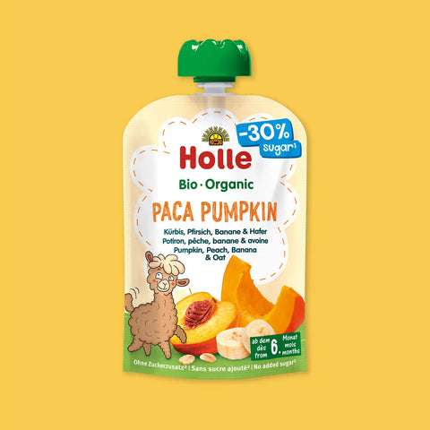 Holle Paca Pumpkin pouch, 100 g, organic pumpkin, peach, banana and oat, 30% less sugar