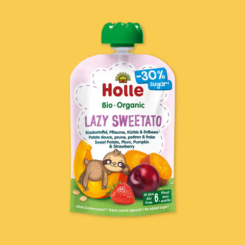 Holle Lazy Sweetato pouch, 100 g, organic sweet potato, plum, pumpkin and strawberry, 30% less sugar