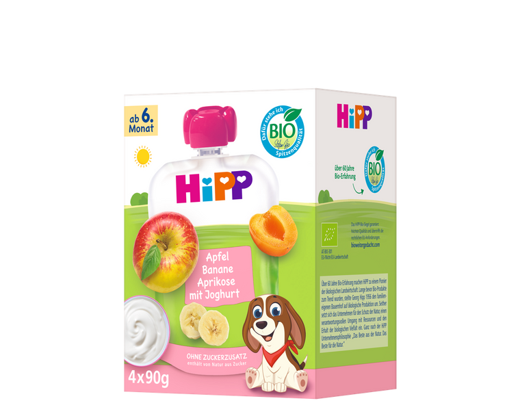 4x HiPP Apple Banana Apricot with Yogurt - Organic Fruit Pouches 6+ months (90g)