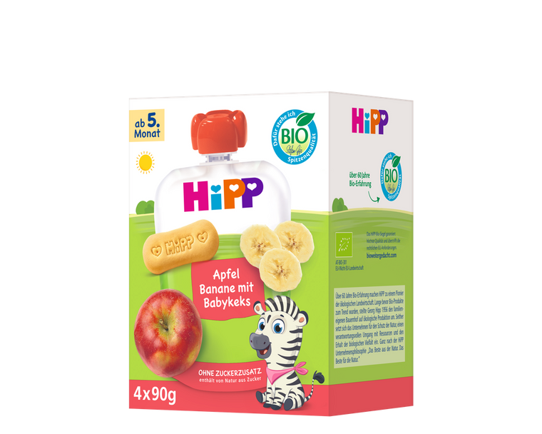 4x HiPP Apple Banana with Baby Biscuit - Organic Fruit Pouches 5+ months (90g)