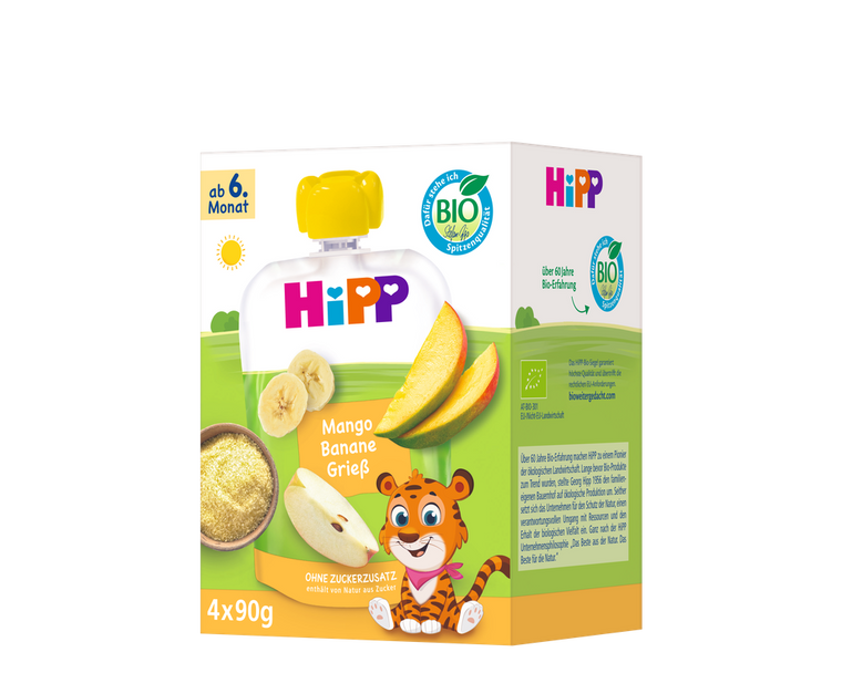 4x HiPP Mango Banana with Semolina - Organic Fruit Pouches 6+ months (90g)