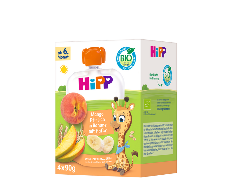 4x HiPP Mango Peach in Banana with Oats - Organic Fruit Pouches 6+ months (90g)