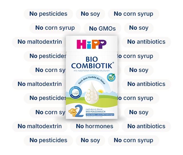 HiPP HA Combiotik Stage 2 with the ingredients it leaves out: no corn syrup, no soy, no GMOs, no pesticides, no maltodextrin, no antibiotics, no hormones