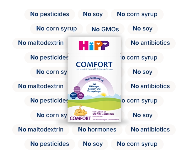 HiPP HA Combiotik Stage 2 with the ingredients it leaves out: no corn syrup, no soy, no GMOs, no pesticides, no maltodextrin, no antibiotics, no hormones