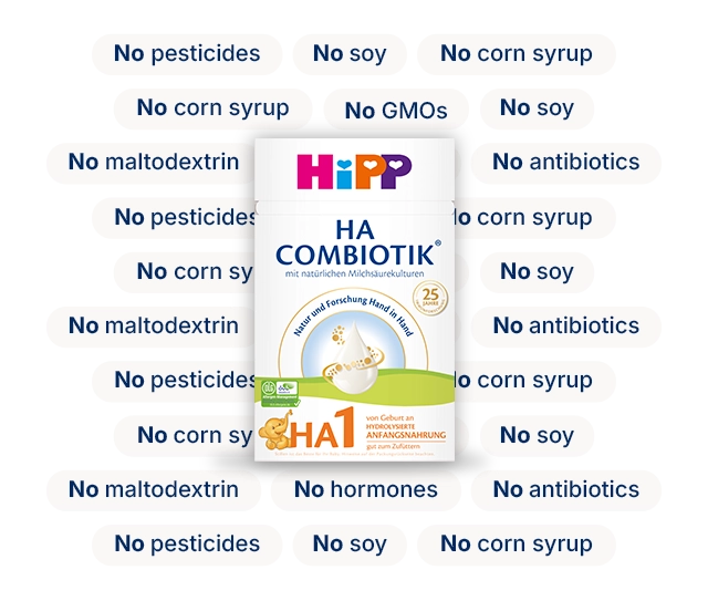 HiPP HA Combiotik Stage 2 with the ingredients it leaves out: no corn syrup, no soy, no GMOs, no pesticides, no maltodextrin, no antibiotics, no hormones