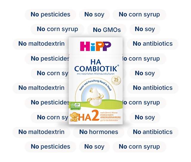 HiPP HA Combiotik Stage 2 with the ingredients it leaves out: no corn syrup, no soy, no GMOs, no pesticides, no maltodextrin, no antibiotics, no hormones