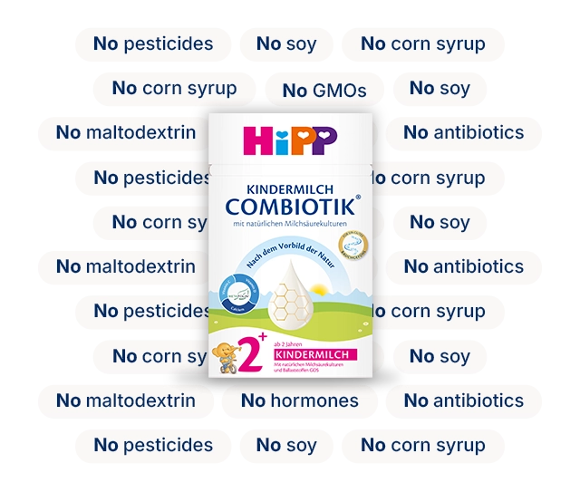 HiPP HA Combiotik Stage 2 with the ingredients it leaves out: no corn syrup, no soy, no GMOs, no pesticides, no maltodextrin, no antibiotics, no hormones